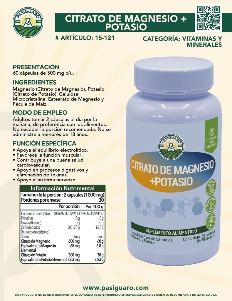 Citrato de magnesio + Potasio 60 cápsulas 500 mg